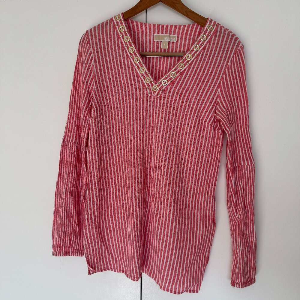 MICHAEL Michael Kors Size S Coral Pink Striped Grommet V-Neck Tunic Blouse